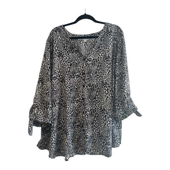 Catherines Tops - Catherines Top Women Full Button Career Black Cheetah Print 3/4 Sleeve Blouse 3X